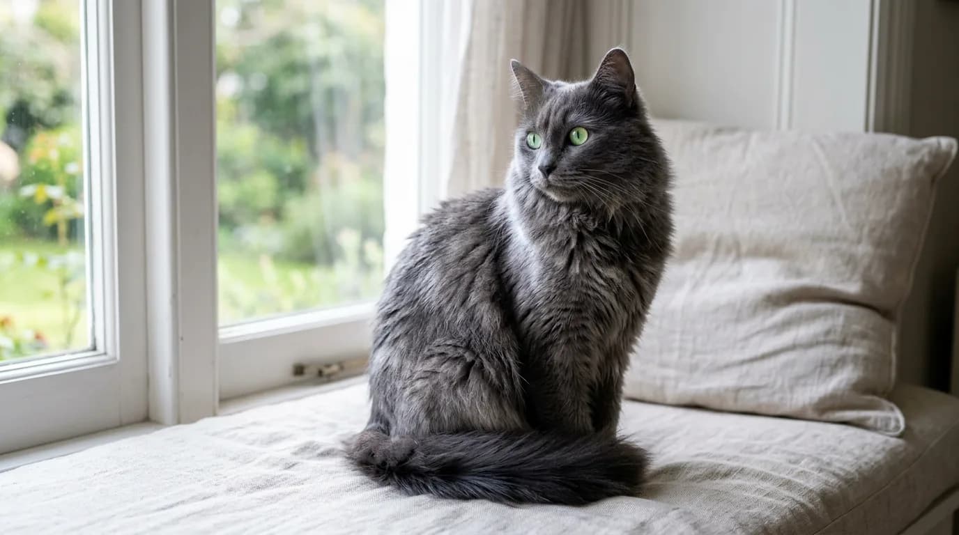 A Nebelung cat with a shimmering silver-tipped blue-grey coat and vivid green eyes in soft window light.