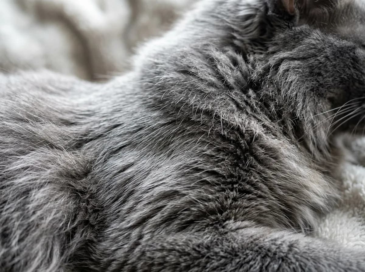 Close-up of a Nebelung coat showing pale silver-tipped guard hairs over a soft blue-grey undercoat.