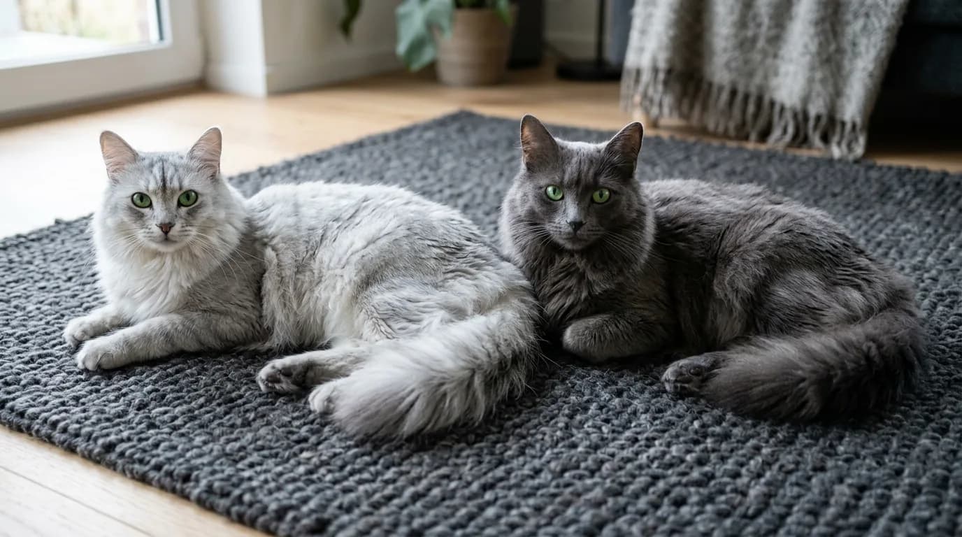 Two Nebelung cats side by side, one lighter silver-blue and one deeper slate, both with even silver-tipped coats.