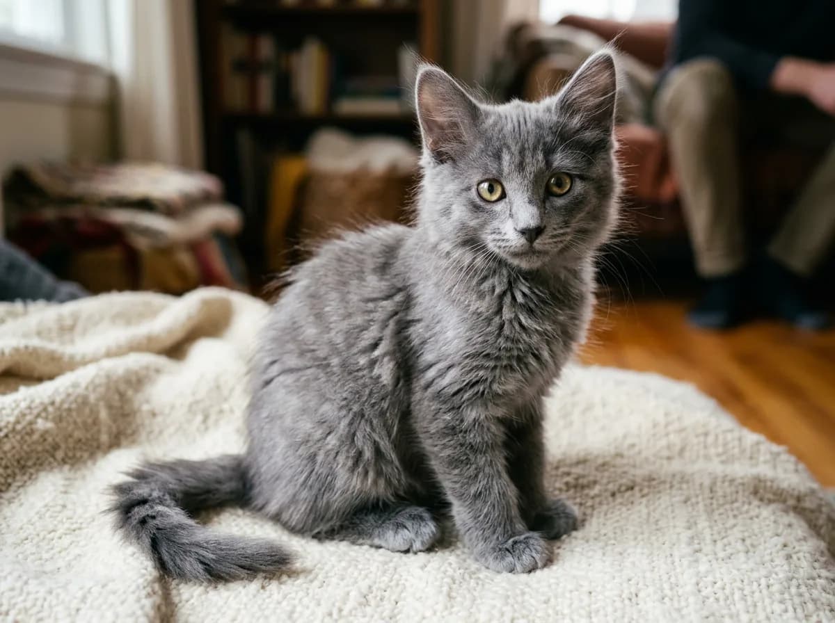 A Nebelung kitten with faint ghost tabby markings and developing yellow-green eyes on a neutral blanket.