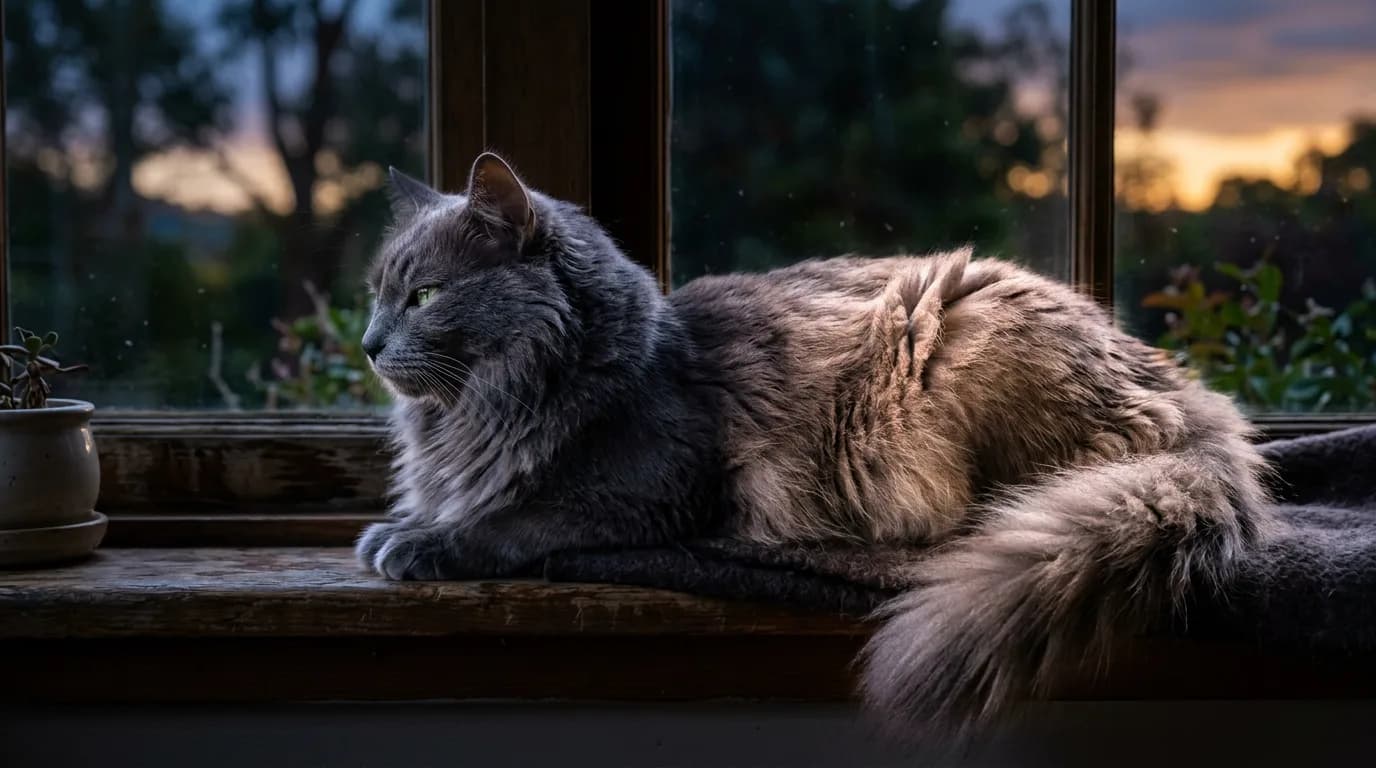 An adult Nebelung on a windowsill, deep slate-blue in shadow and silver where the daylight hits the fur.