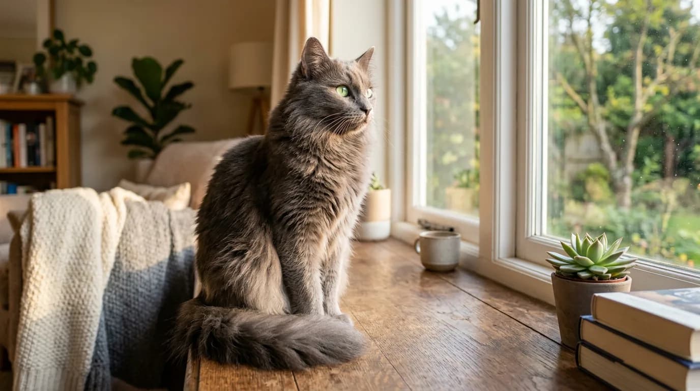 A silver-tipped blue-grey Nebelung cat with bright green eyes sitting on a sunlit windowsill.