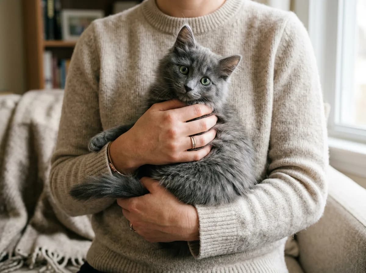 A fluffy blue-grey Nebelung kitten held gently against a person's chest with no face shown.