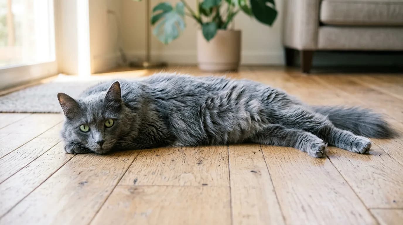 A healthy adult Nebelung stretched out on a wooden floor with its silver-blue coat catching the light.