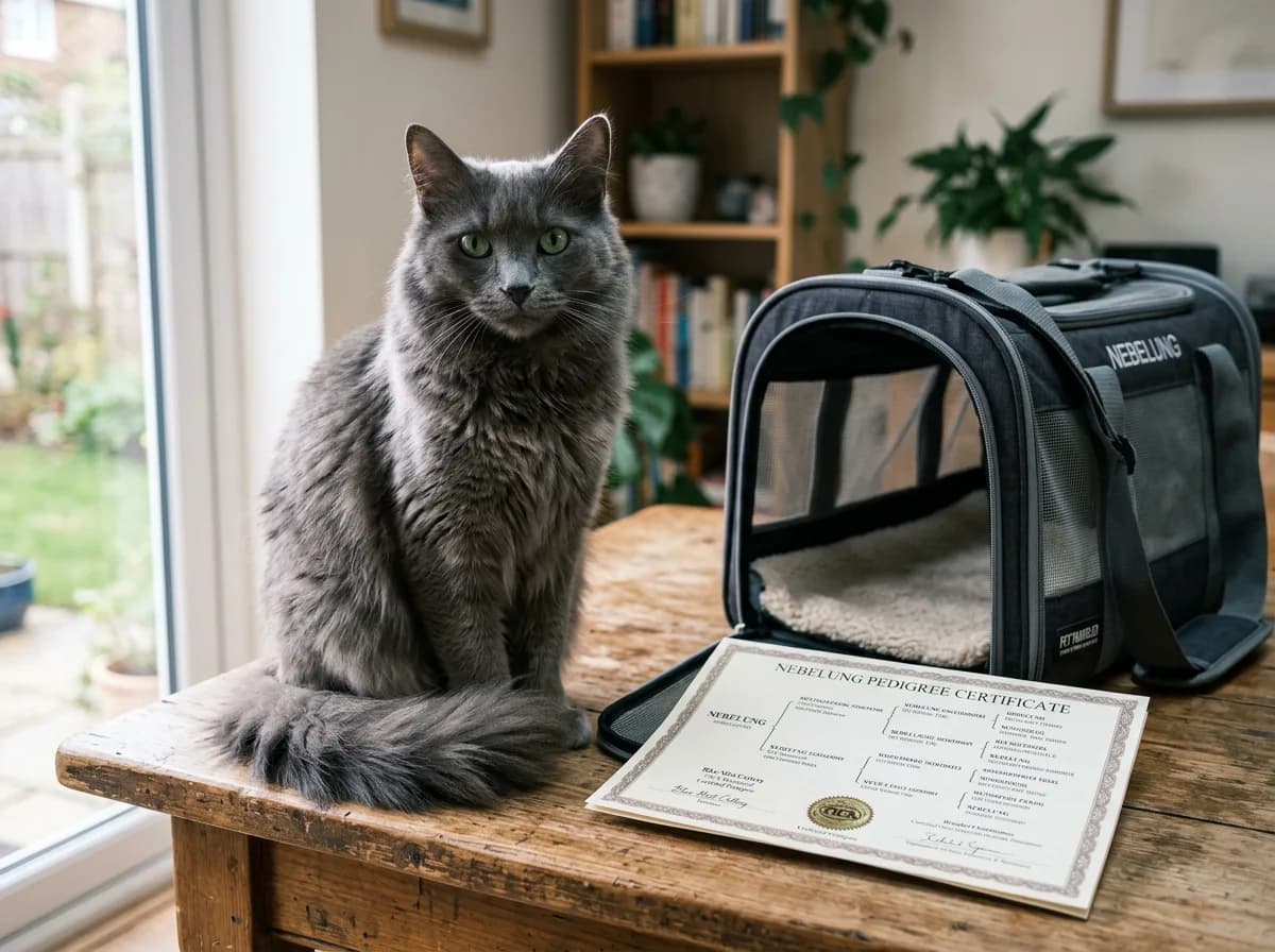 A Nebelung cat sitting beside a pedigree document and a pet carrier on a table.