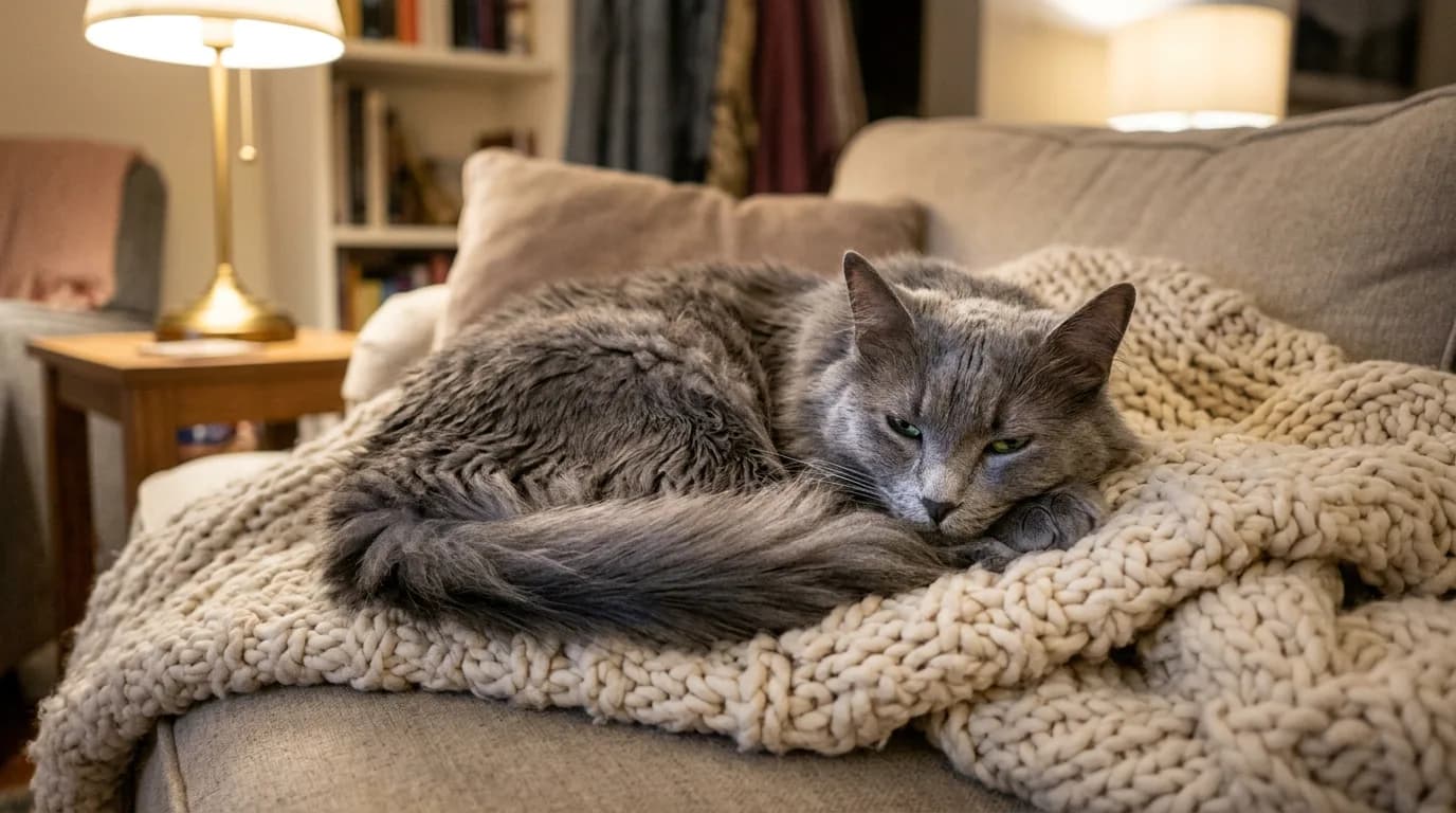 A Nebelung cat curled up half-asleep on a soft cream blanket on a sofa.