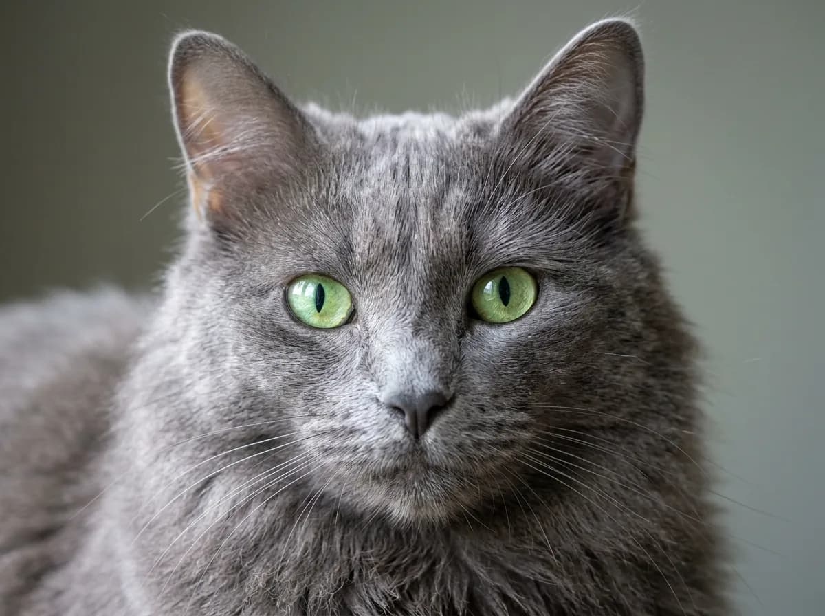 A close-up portrait of a Nebelung's face showing its vivid green eyes and silver-tipped blue-grey fur.