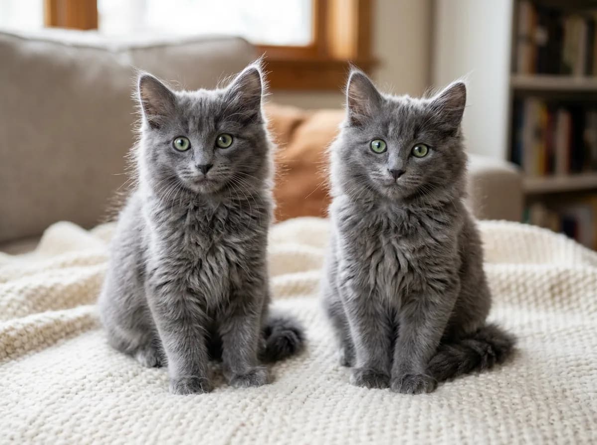 Two blue-grey Nebelung kittens sitting side by side on a soft blanket.