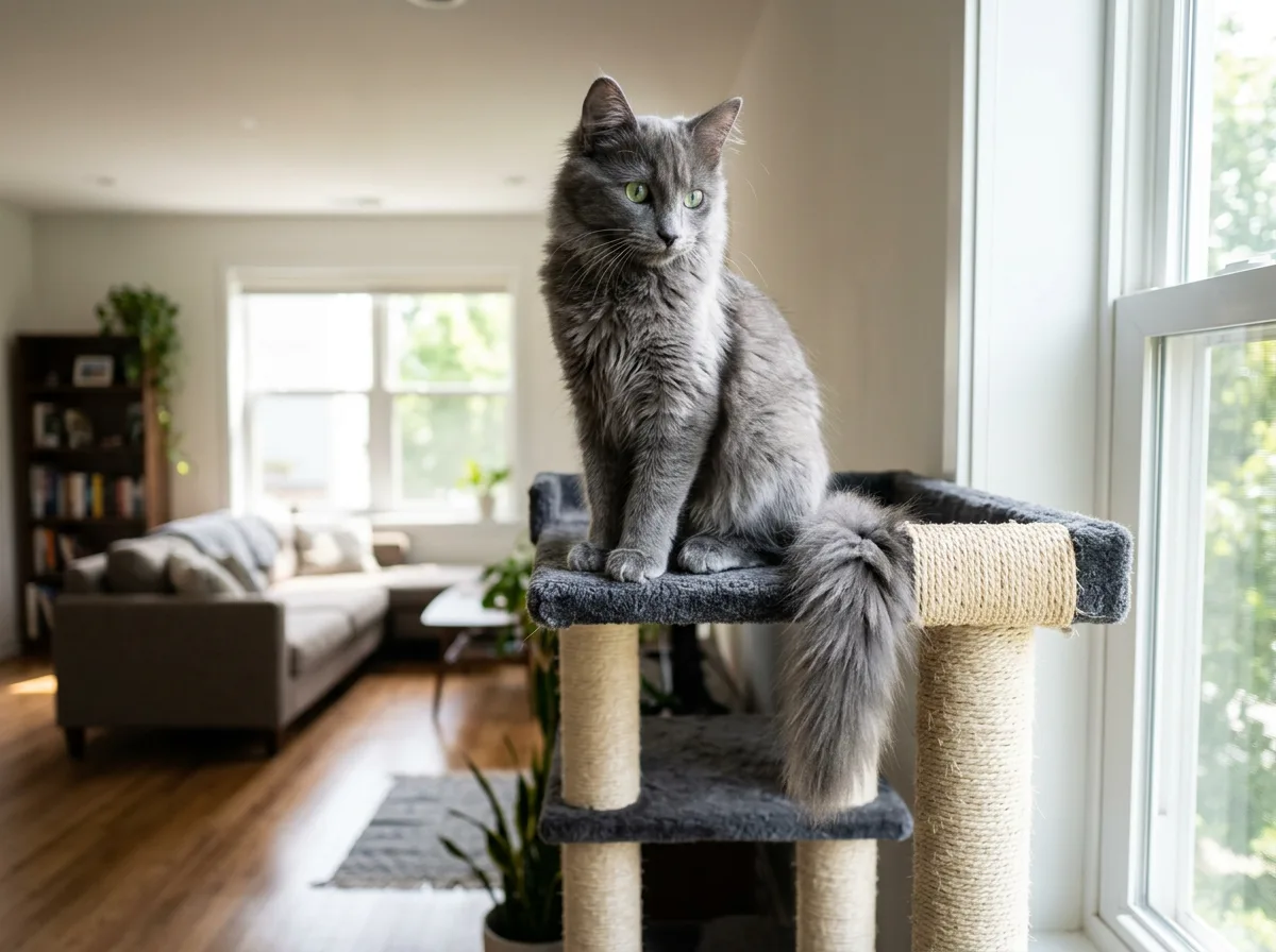 A Nebelung kitten perched on a tall cat tree near a window, surveying the room with bright eyes and a lengthening plumed tail.