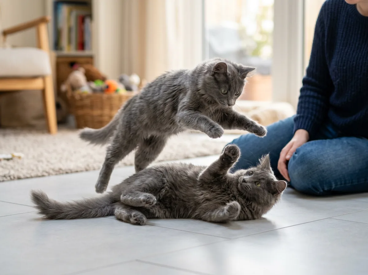 Two Nebelung kittens playing together on a clean floor near a person cropped at the torso, showing kittens raised underfoot in the home.