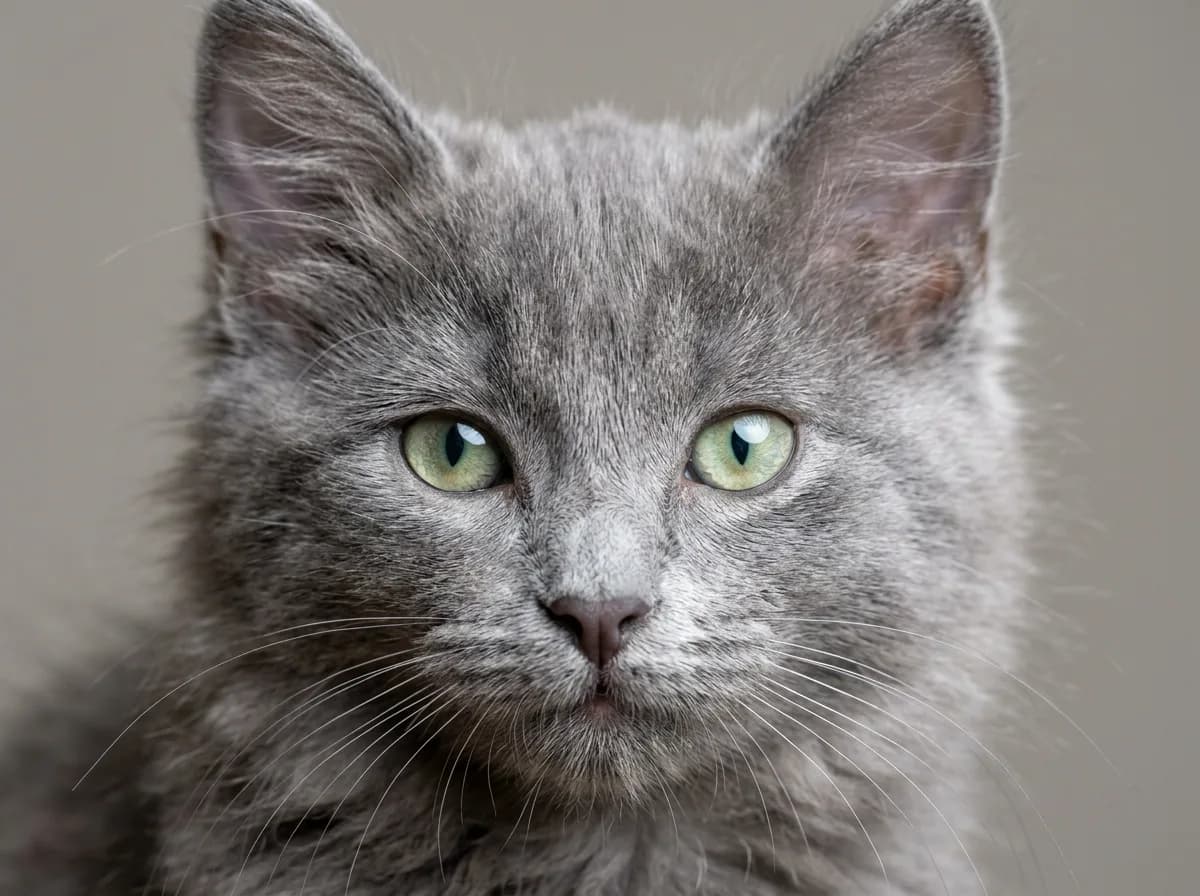 A close-up portrait of a Nebelung kitten's face showing the maturing green eyes and silver-tipped blue-grey fur against a neutral background.