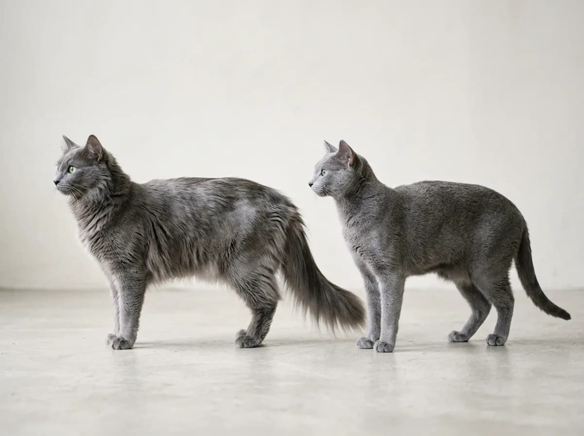 A graceful adult Nebelung standing in profile beside a short-haired Russian Blue, the longer plumed coat clearly visible for comparison.