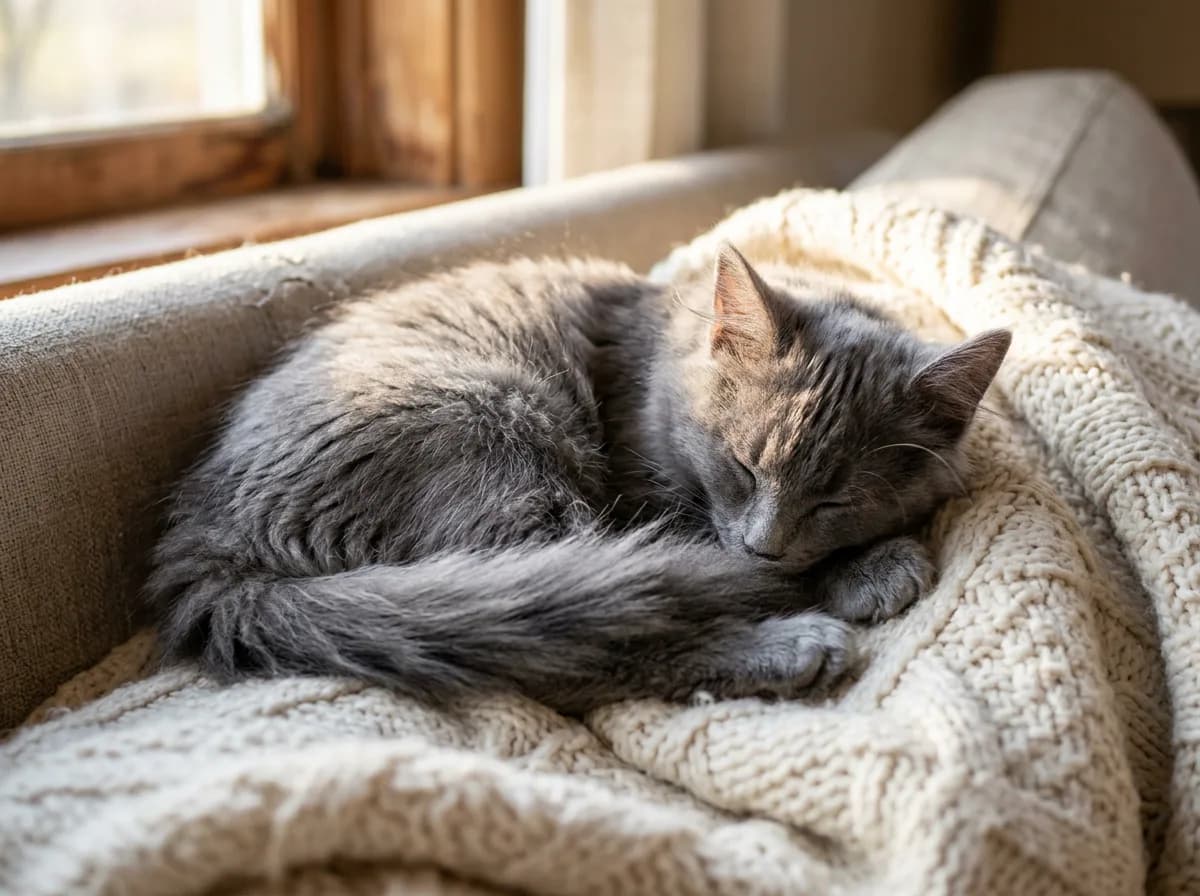 A relaxed Nebelung kitten curled up asleep against a soft blanket, its coat showing a silvery sheen in warm afternoon light.