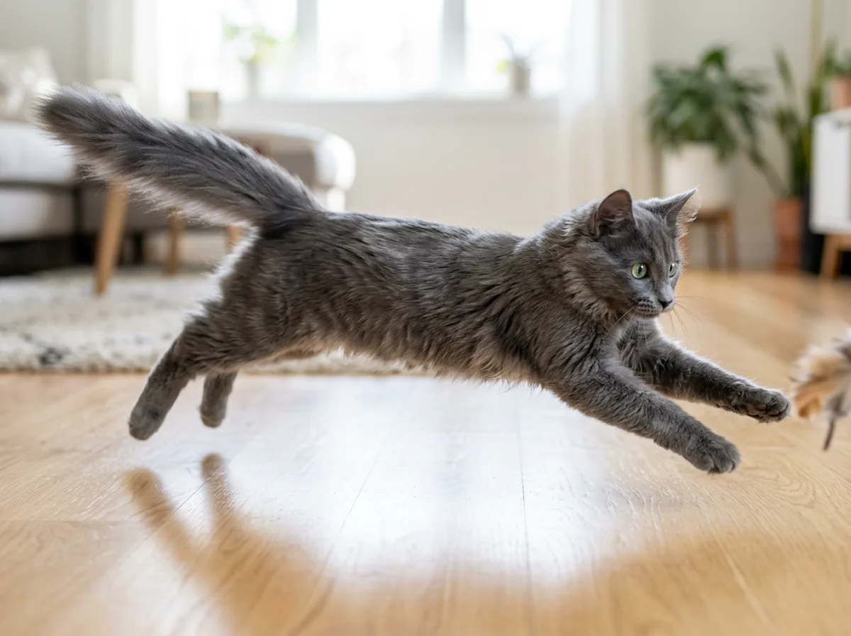 A Nebelung kitten mid-pounce during play on a wood floor, plumed tail streaming behind it, showing the breed's athletic grace.