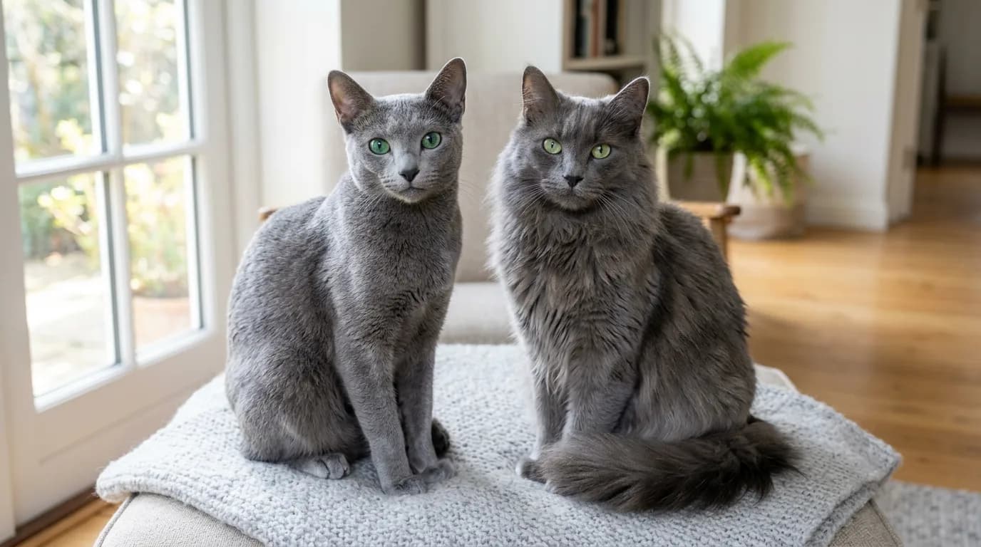 A short-haired Russian Blue and a semi-longhaired Nebelung sitting side by side on a grey blanket, showing the coat-length difference.
