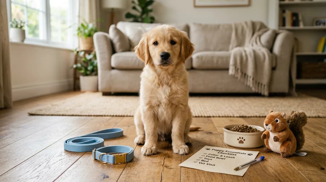 an eight-week-old golden retriever puppy sitting on a wood floor surrounded by new supplies (collar, food bowl, plush toy, leash, and a printed checklist) in a bright living room