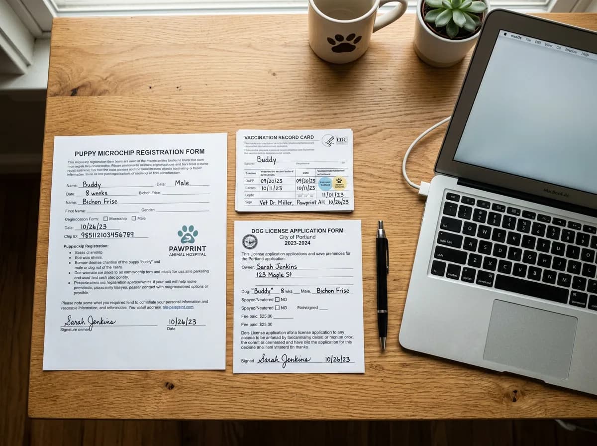 a flat-lay overhead photo of organized new-puppy paperwork on a desk, showing a microchip registration form, a stapled vaccination record card, and a dog license application beside a pen and a laptop