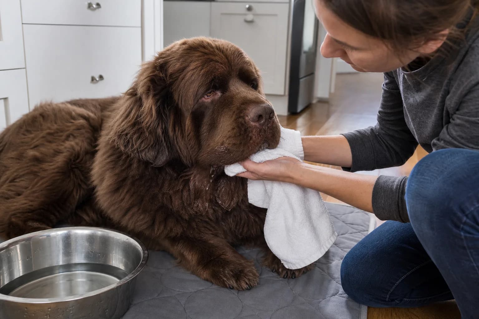 Owner wiping the wet chin of a brown Newfoundland beside a large water bowl