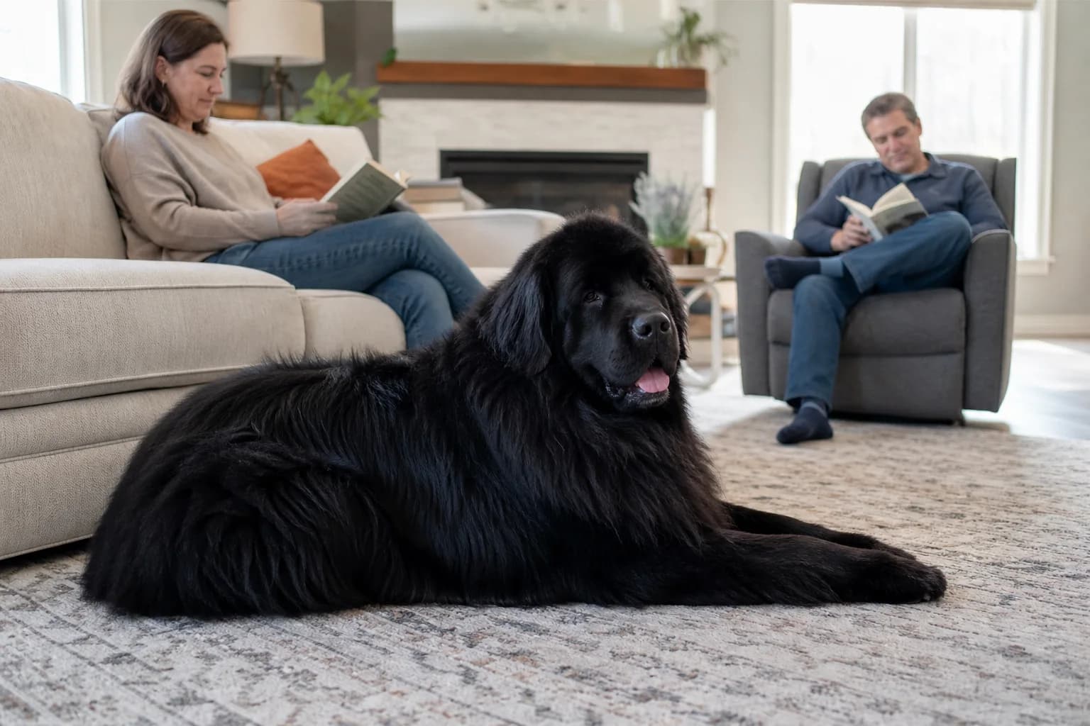 Adult black Newfoundland resting on a living room rug while two adults read nearby