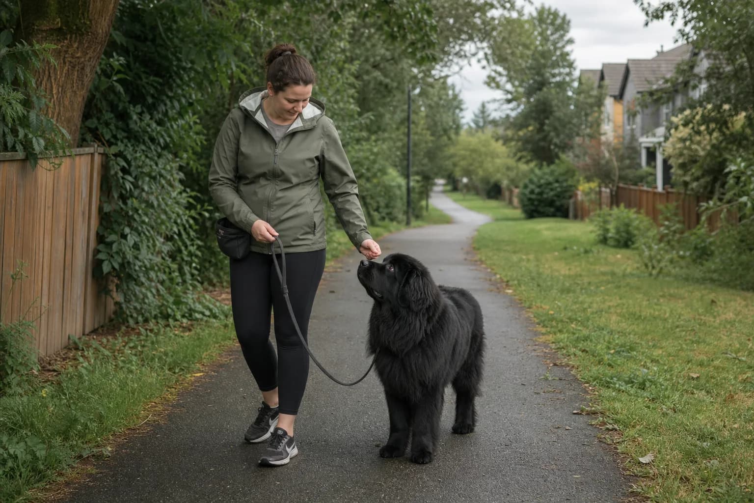 Handler rewarding an adult black Newfoundland for walking on a loose leash