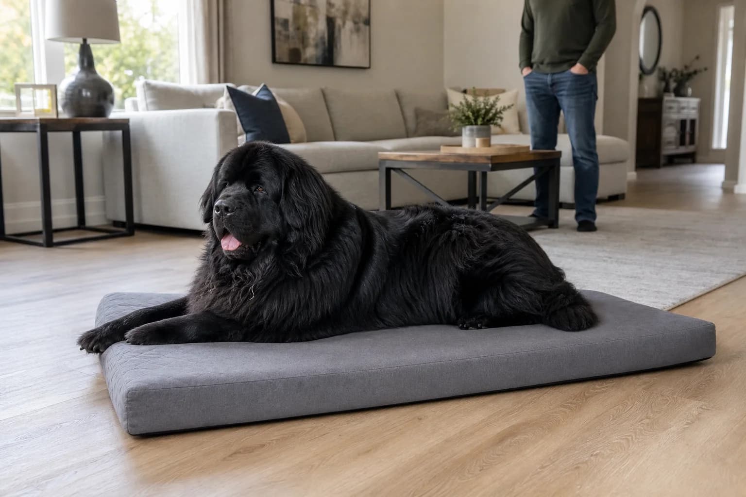 Adult black Newfoundland stretched out on an extra-large mat in a living room