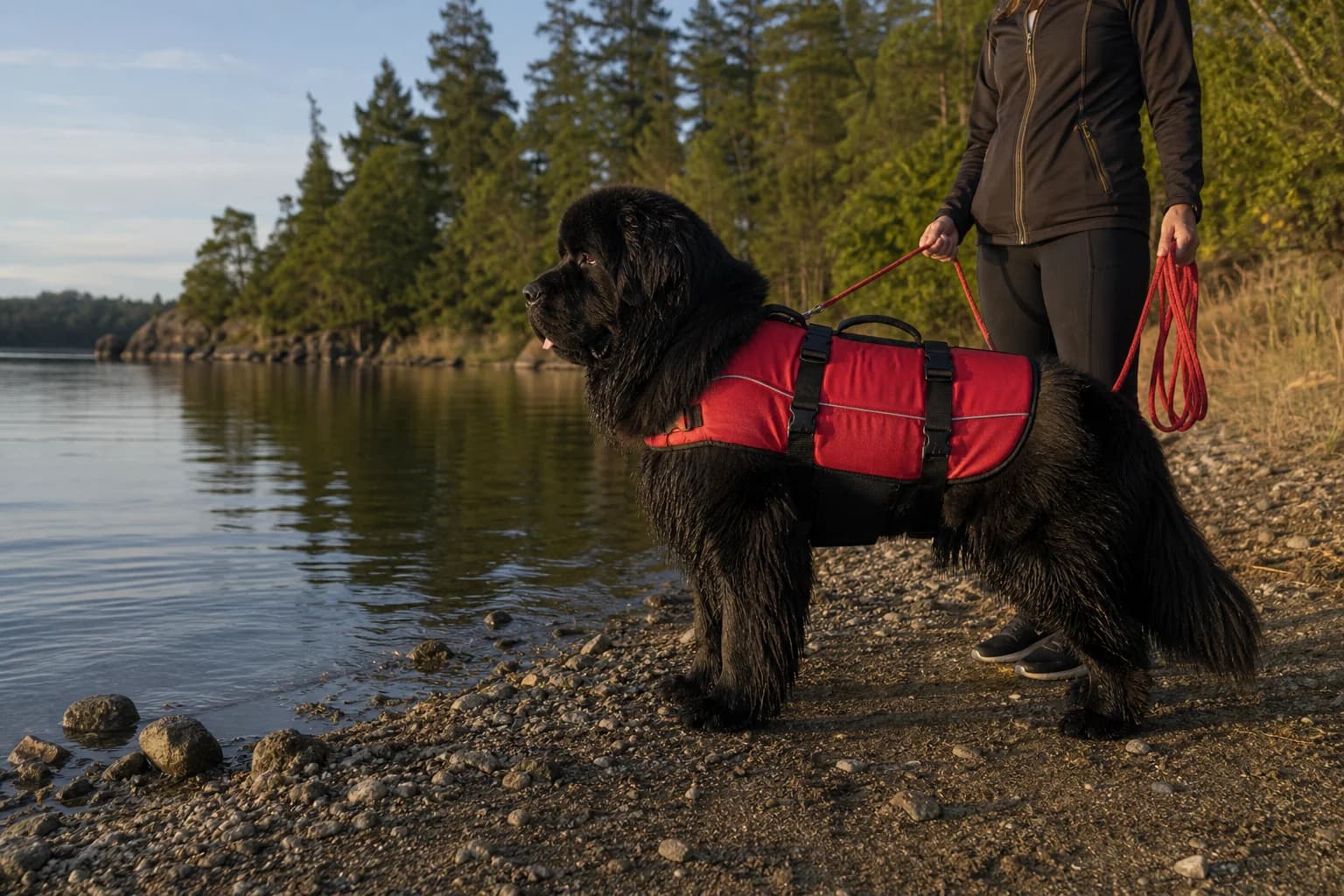 Adult black Newfoundland wearing a red life jacket beside calm lake water with a handler