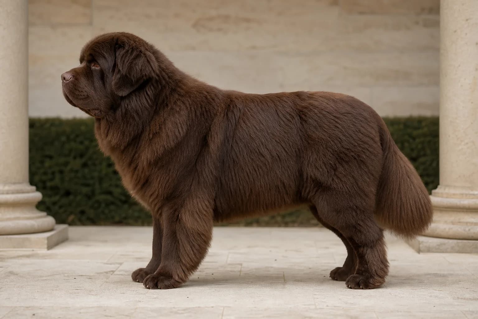 Solid-brown Newfoundland standing in side profile against a neutral stone background