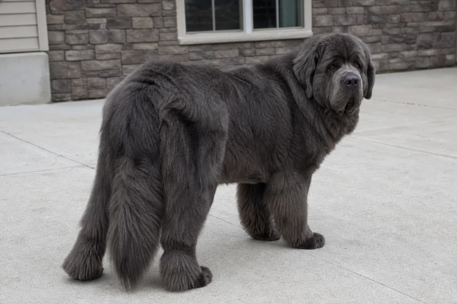 Solid-gray Newfoundland turning toward the camera in a neutral courtyard
