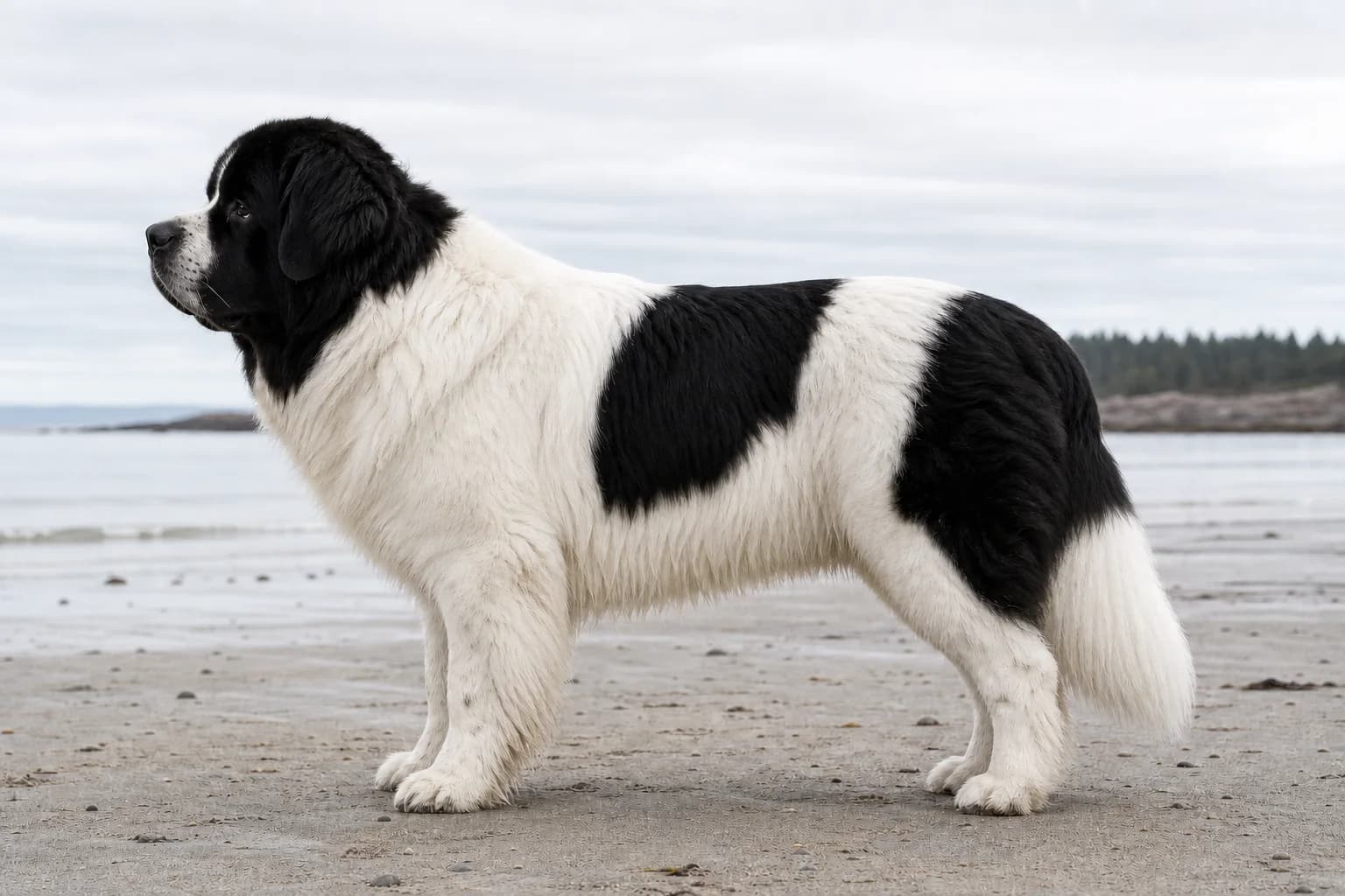 White-and-black Landseer Newfoundland with black head, saddle, and rump patches in side profile