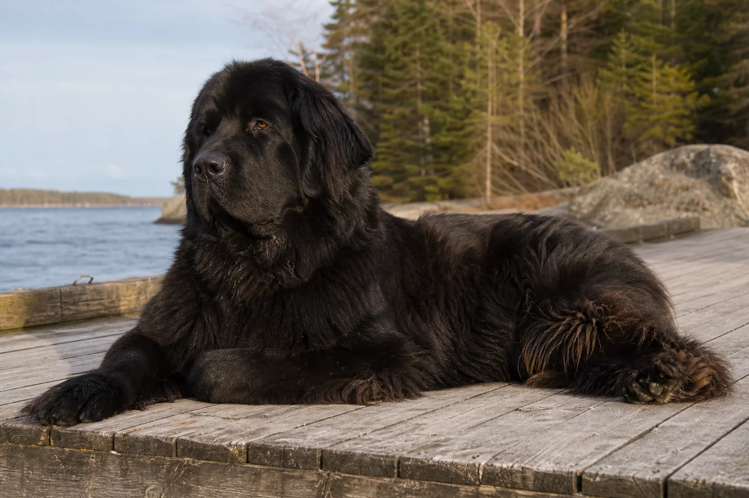 Black Newfoundland on a dock with subtle bronze sun-lightening on longer coat furnishings