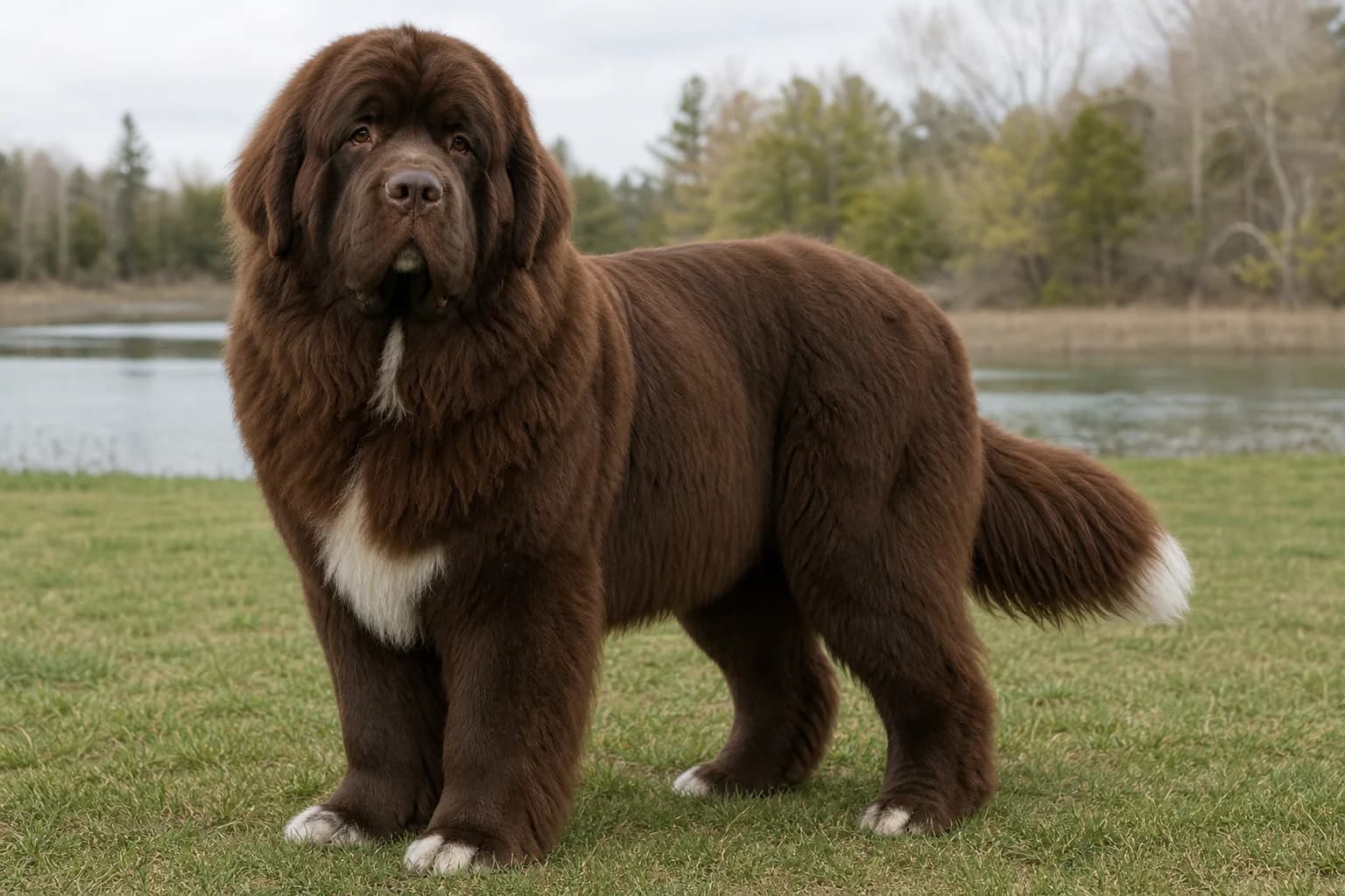 Mostly brown Newfoundland with white chin, chest, toes, and tail-tip markings