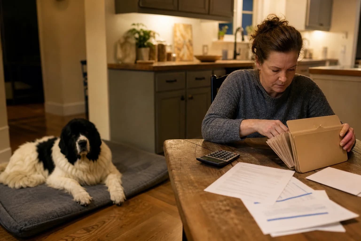 Owner organizing a budget folder beside a resting white-and-black Newfoundland