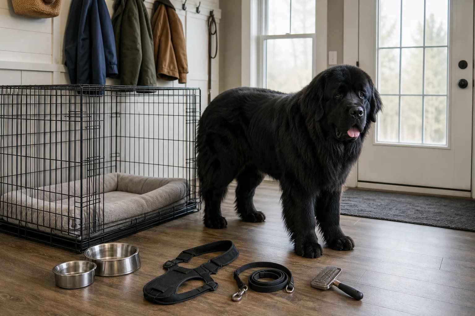 Adult black Newfoundland beside an extra-large crate, bowls, harness, leash, and brush