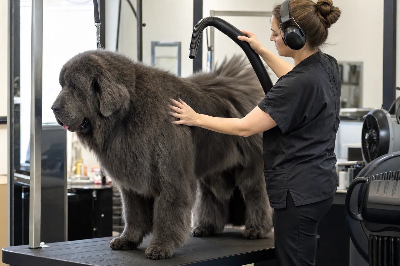 Professional groomer using controlled airflow to dry a gray Newfoundland