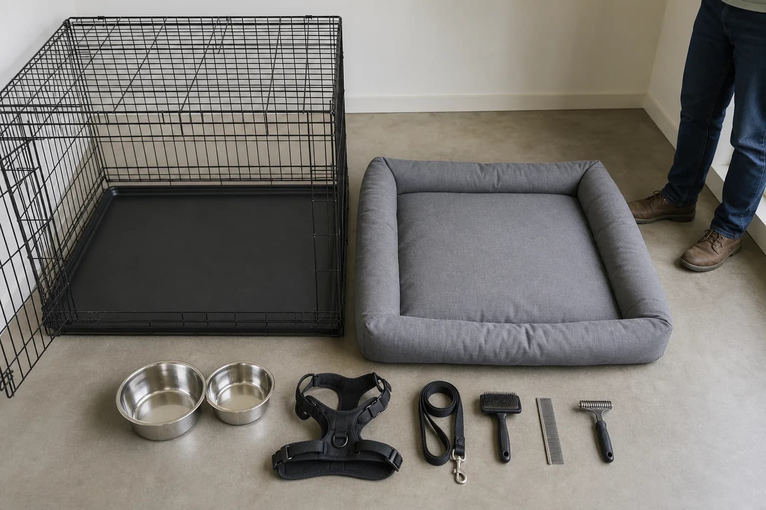 Extra-large crate, bed, bowls, harness, leash, comb, and brushes arranged beside an adult for scale