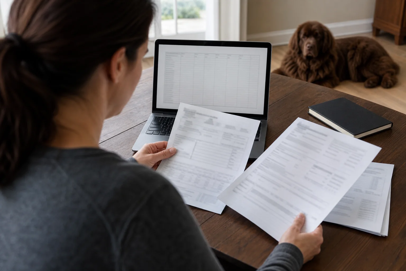 Buyer reviewing blurred health records at a table while a brown Newfoundland rests nearby