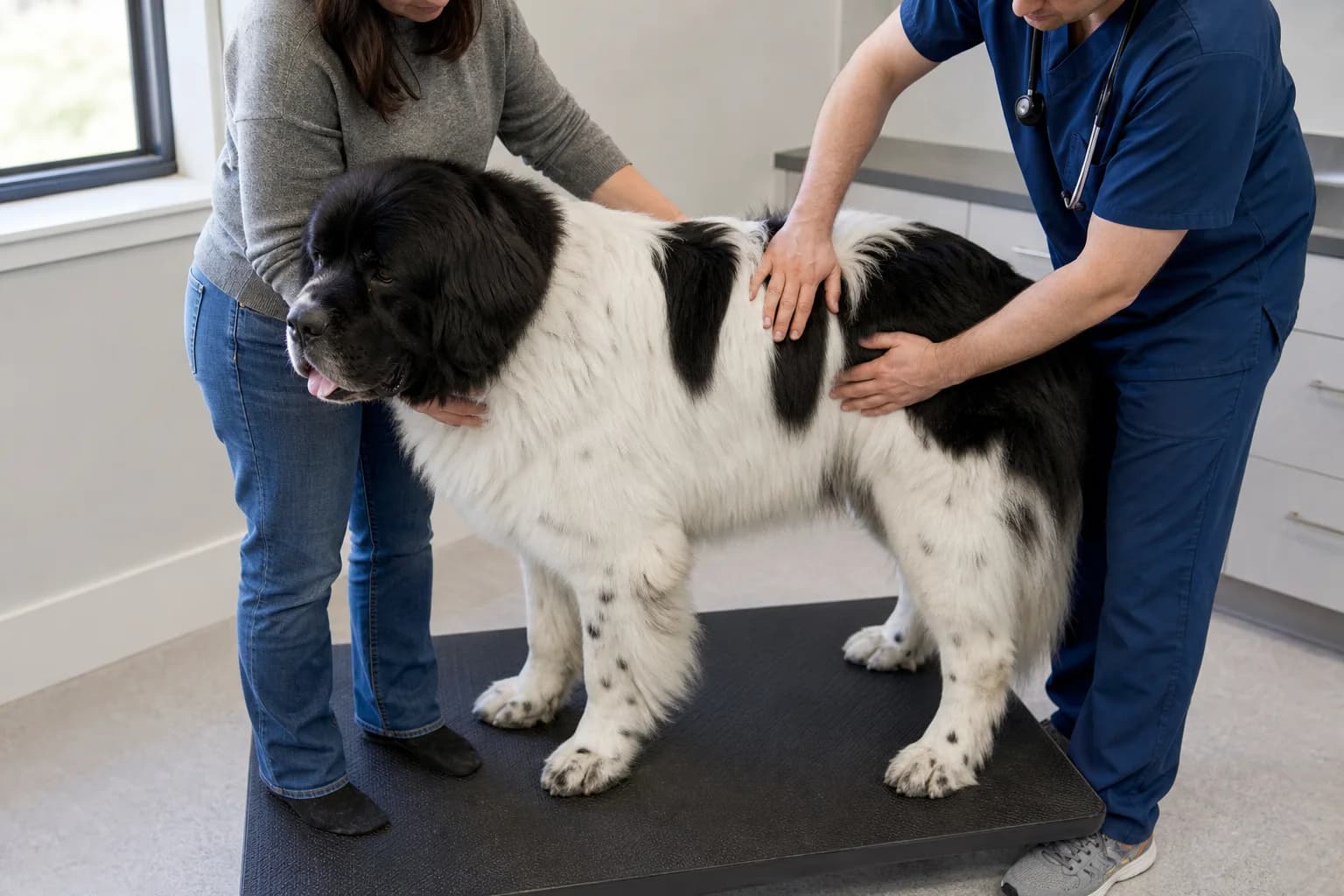 Veterinarian assessing the body and muscle condition of a standing Landseer Newfoundland