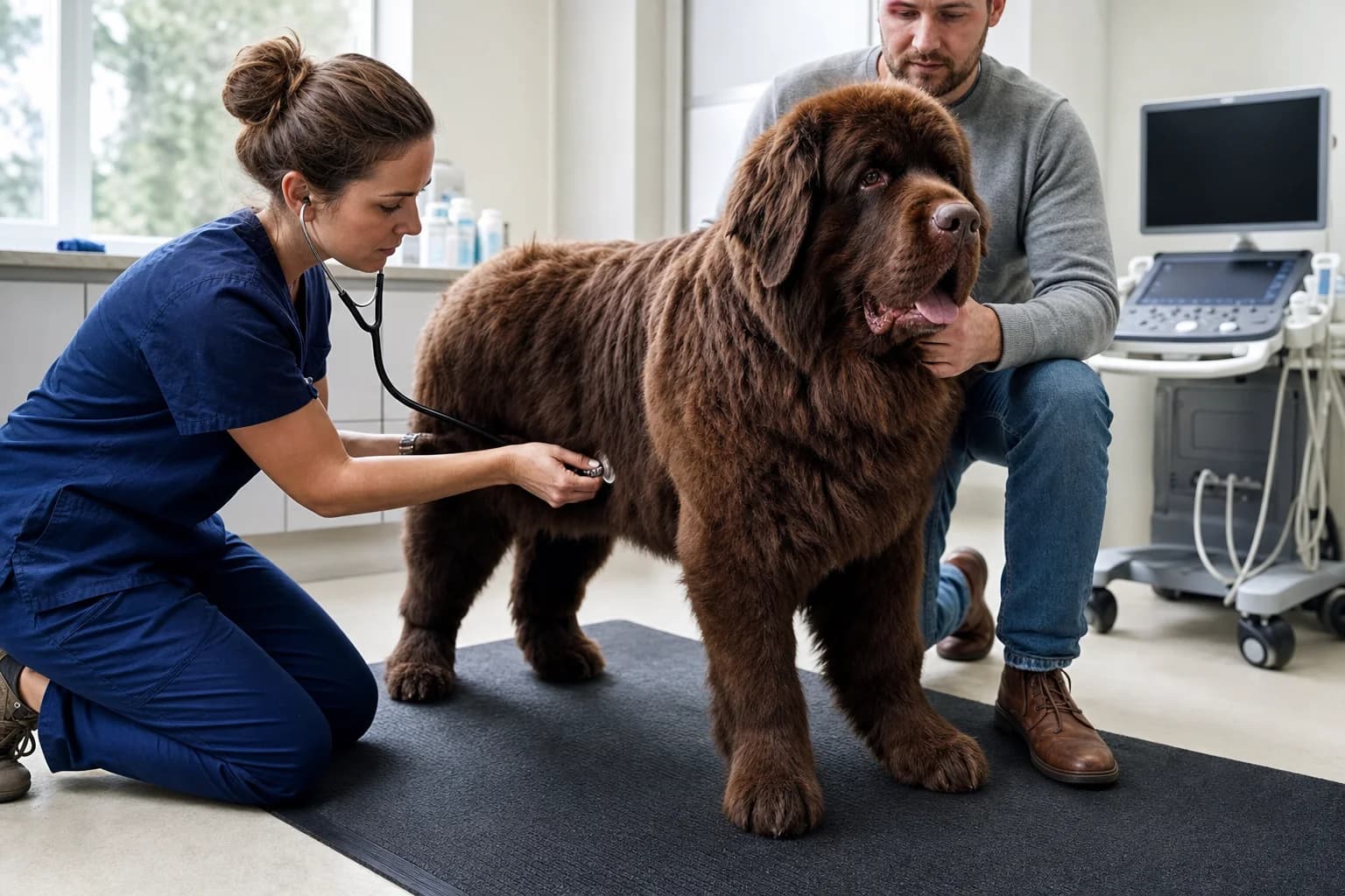 Veterinarian listening to the chest of a calm brown Newfoundland with a stethoscope