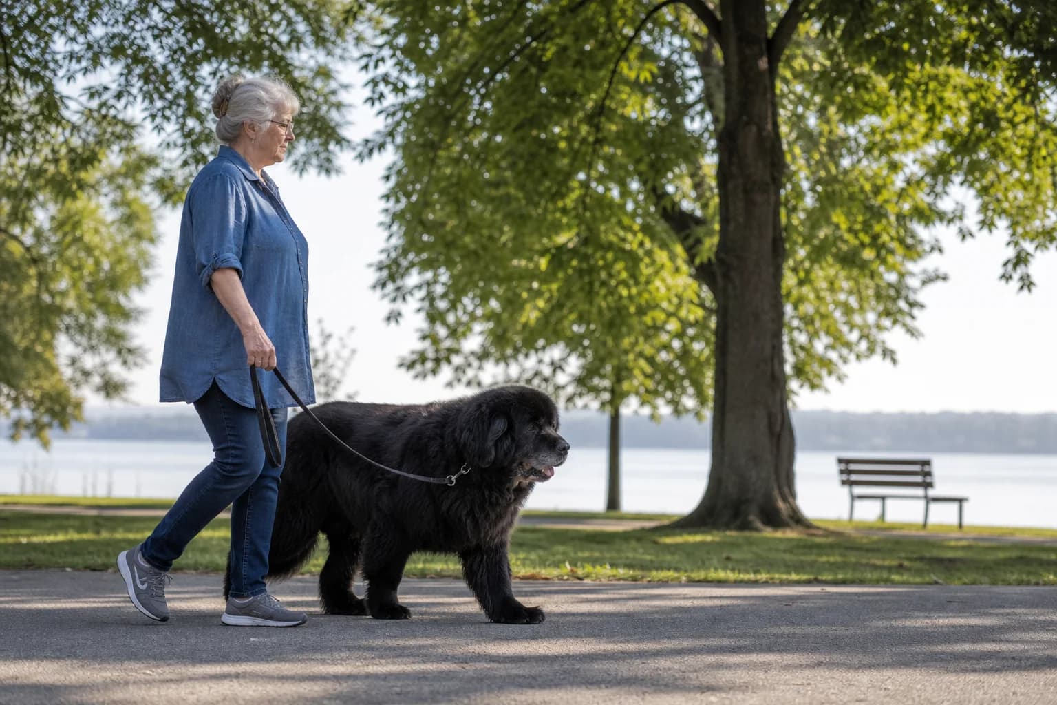 Senior black Newfoundland walking at an easy pace beside an older adult in a shaded park