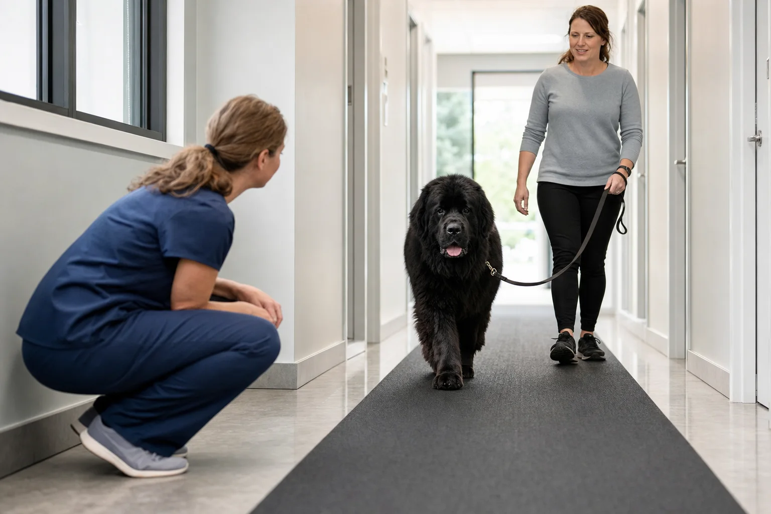 Veterinarian observing a black Newfoundland walking on a nonslip clinic runner