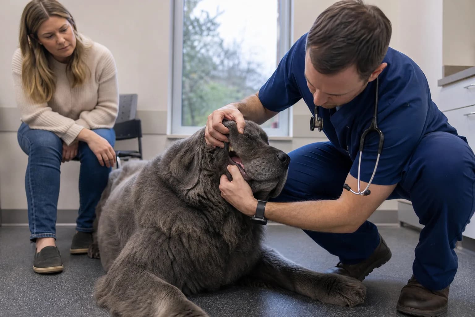 Veterinarian checking the gums of a resting gray Newfoundland while the owner watches
