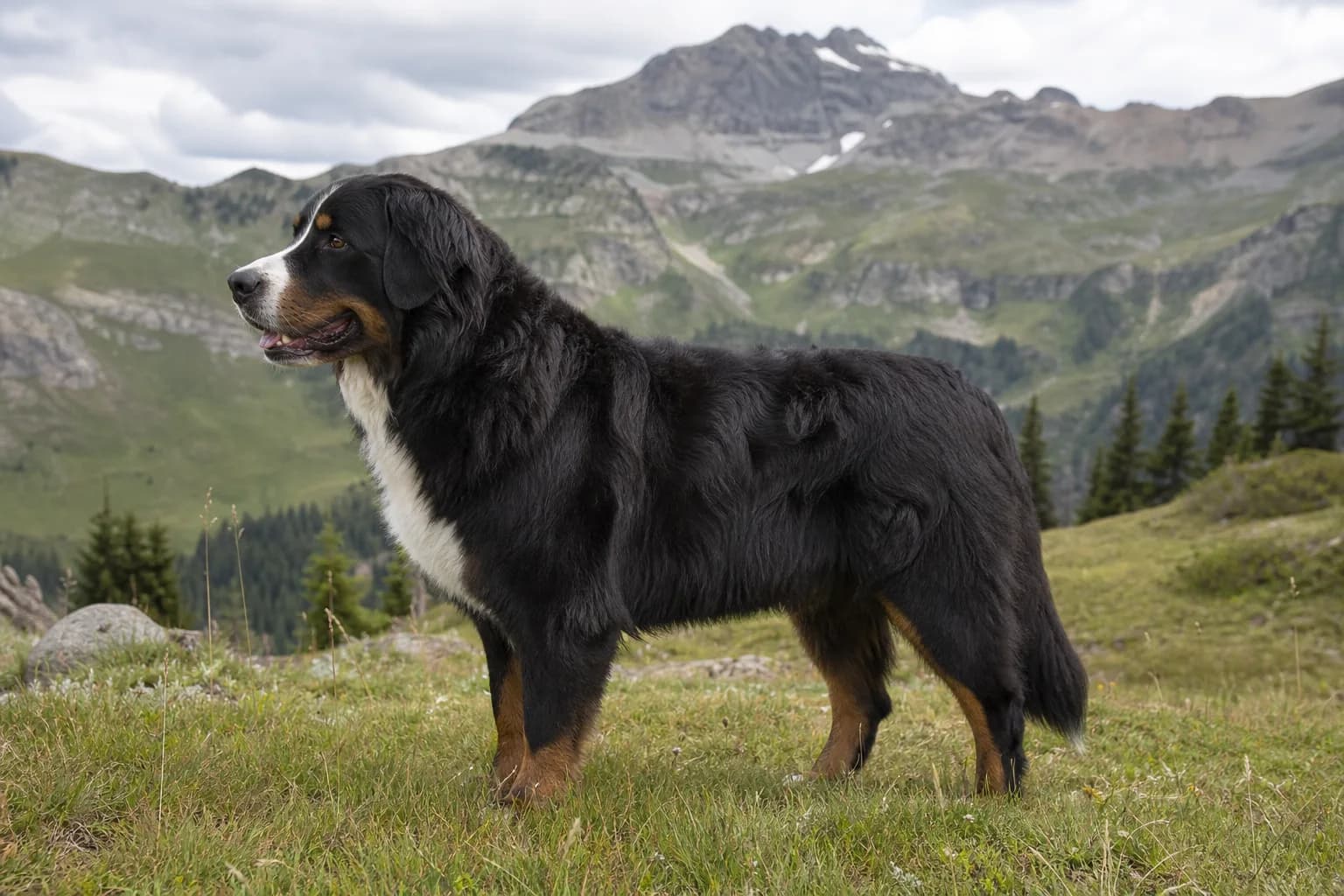 Plausible Newfoundland Bernese Mountain Dog mix with black, rust, and white coat standing in an alpine meadow