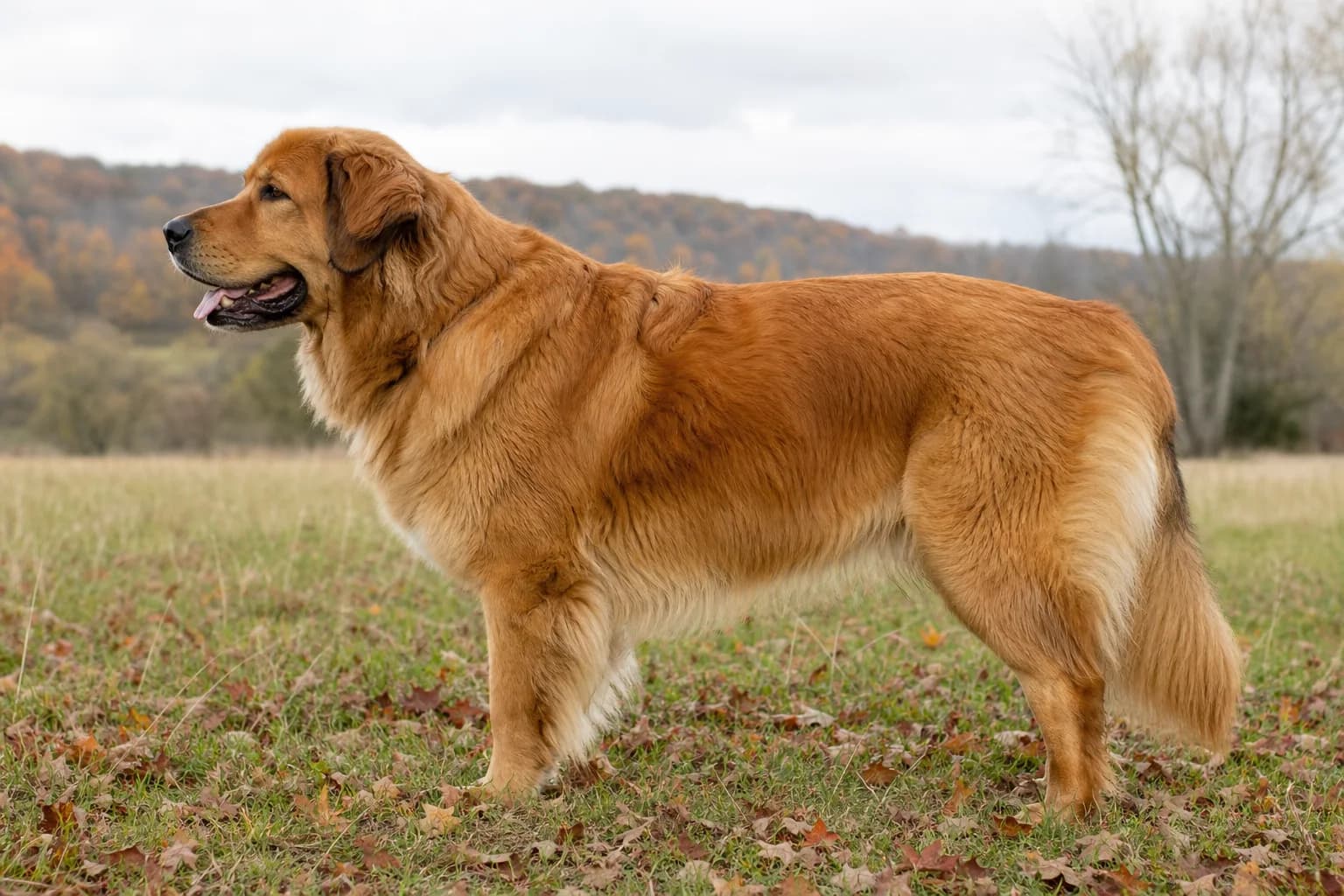 Plausible large Newfoundland Golden Retriever mix with a russet-gold feathered coat standing in profile in an autumn field