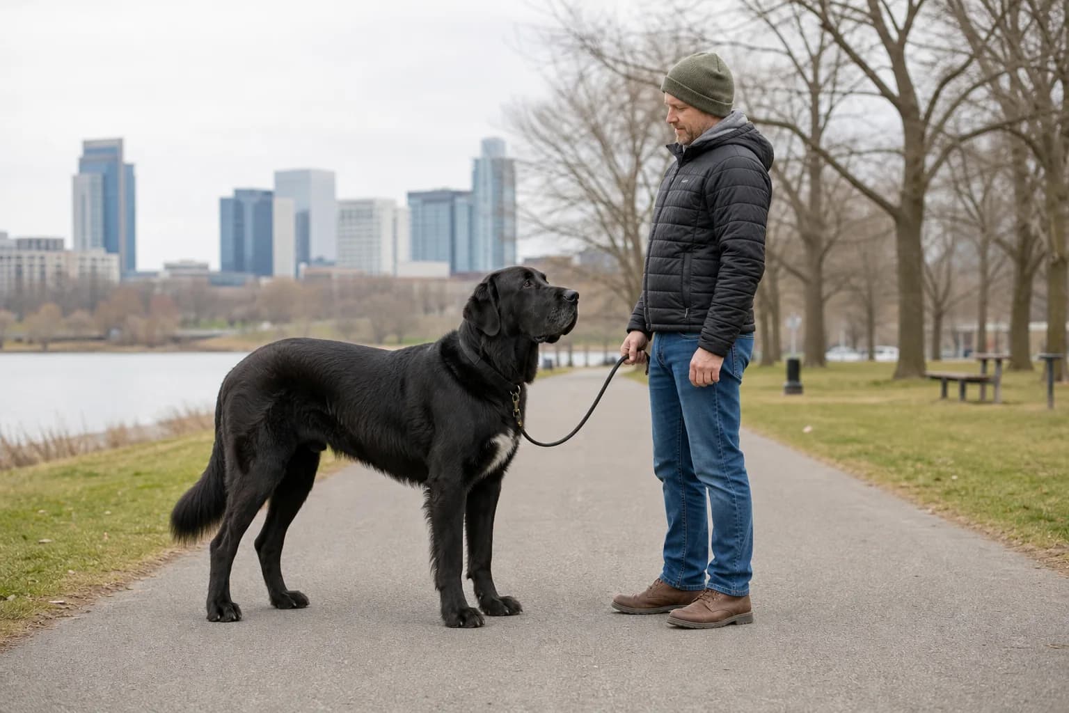 Tall black Newfoundland Great Dane mix standing beside an adult on an urban park path for scale