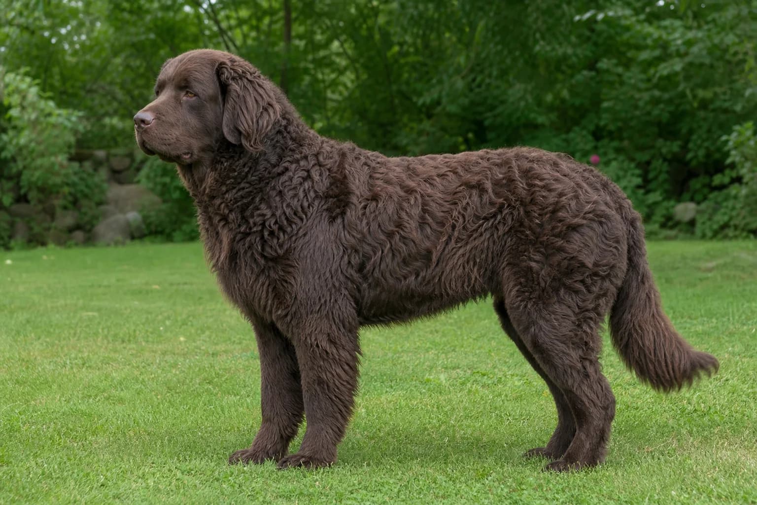 Very large brown Newfoundland Poodle mix with a dense wavy coat standing in a garden