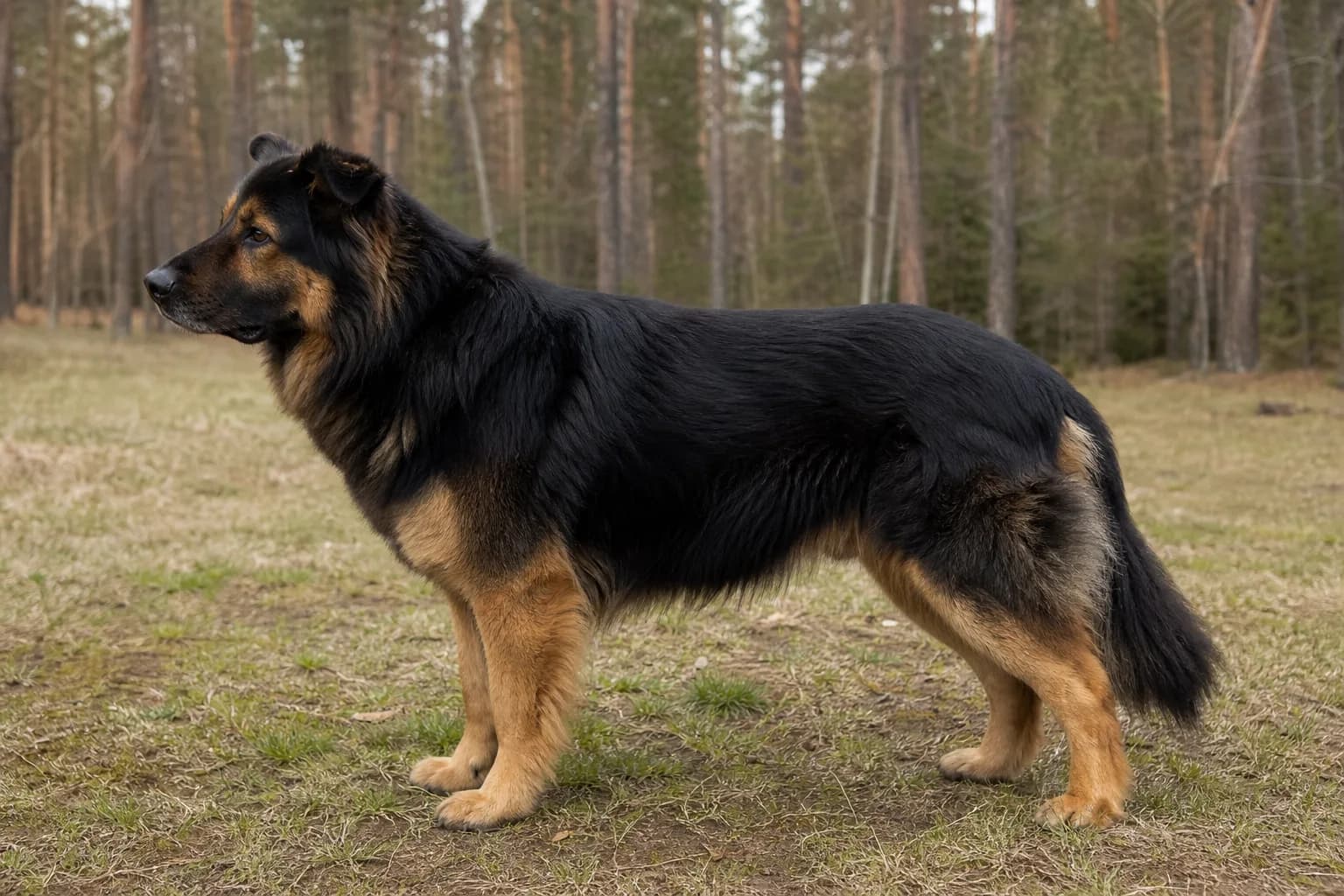 Large black-and-tan Newfoundland German Shepherd mix standing in profile in a woodland clearing