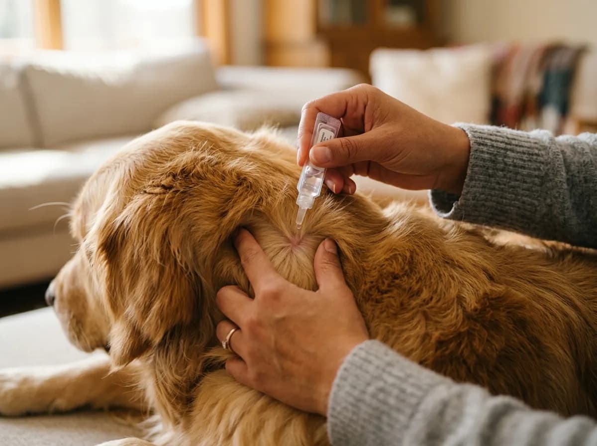 Hands parting a golden retriever's fur and applying a topical spot-on flea treatment onto the skin between the shoulder blades
