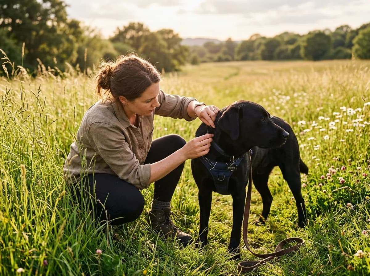 An owner checking a black Labrador's neck for ticks in tall summer grass after a hike