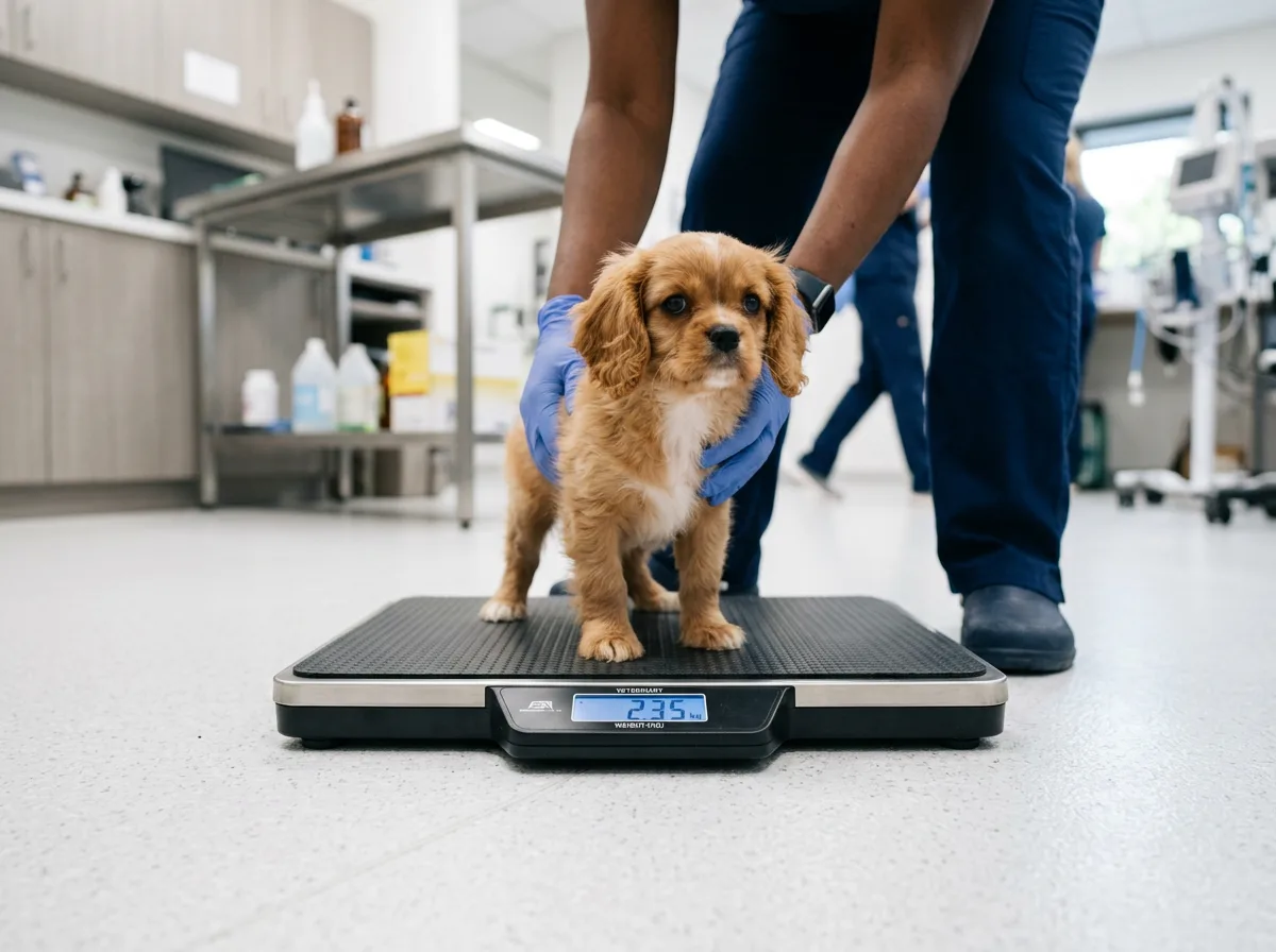 A small tan puppy being weighed on a veterinary scale, steadied by a technician's hands in a clinic