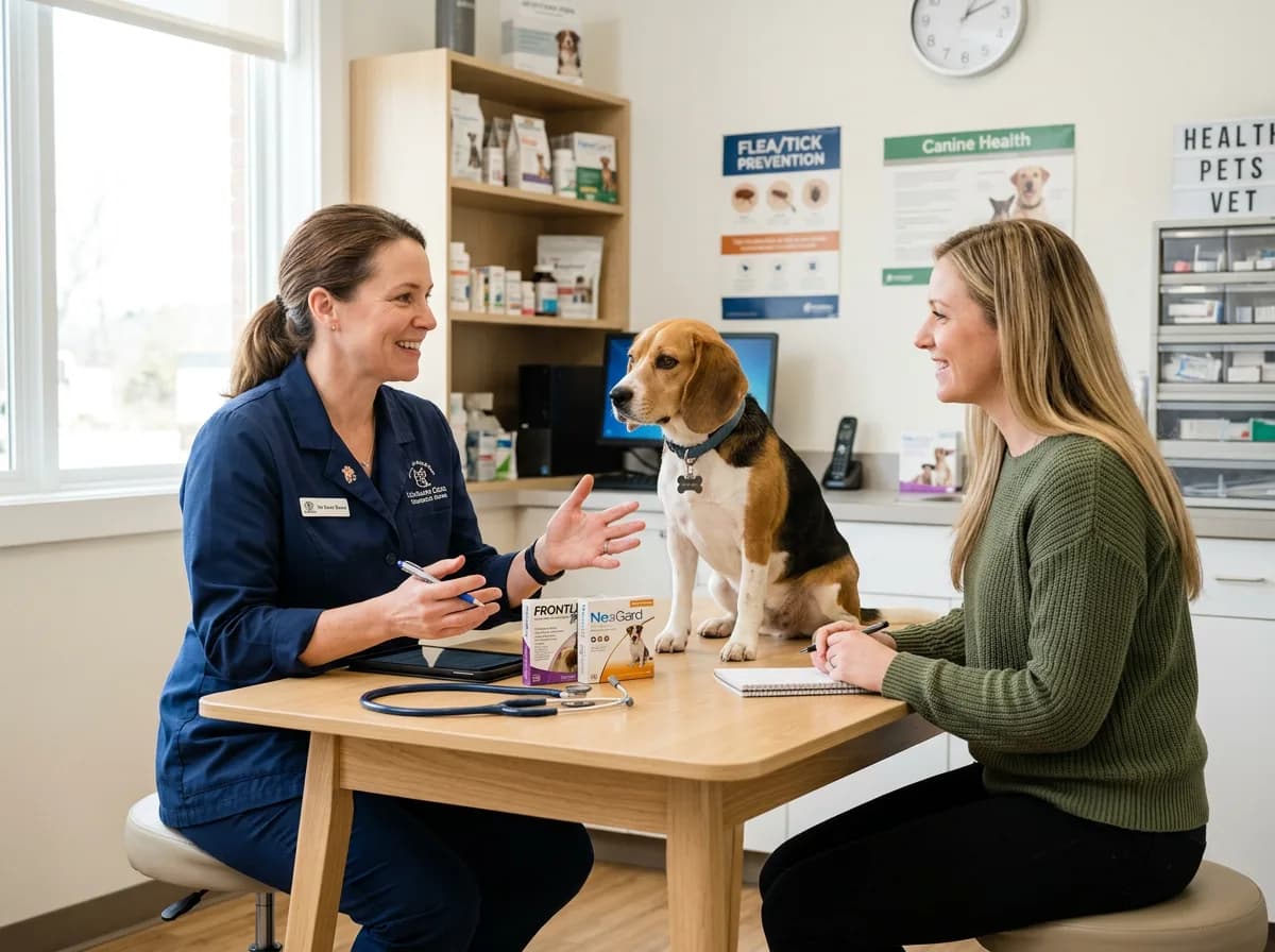 A veterinarian explaining flea and tick options to a dog owner across an exam table with a calm beagle between them